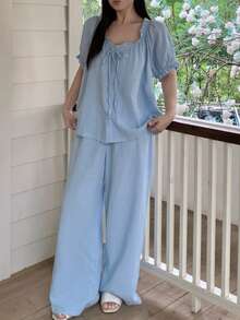 Dazy Plus Sweet Fresh Light Blue All Cotton Gathered Ruffle Design Loose Plus Size Women Spring Summer Loungewear Blue Pajama Set - Baby Blue - View 3