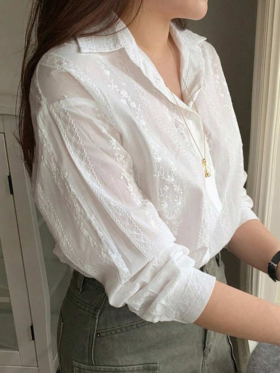 Dazy Plus Camisa Casual de Manga Longa Jacquard Fina Branca Versátil, Primavera/Outono - Branco - Visão 1