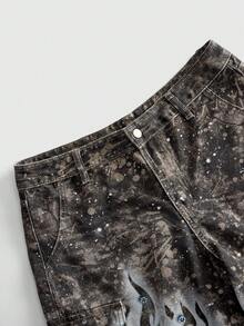 ROMWE MEN Street Life Button Pocket Flame Print Denim Shorts - Black - View 3
