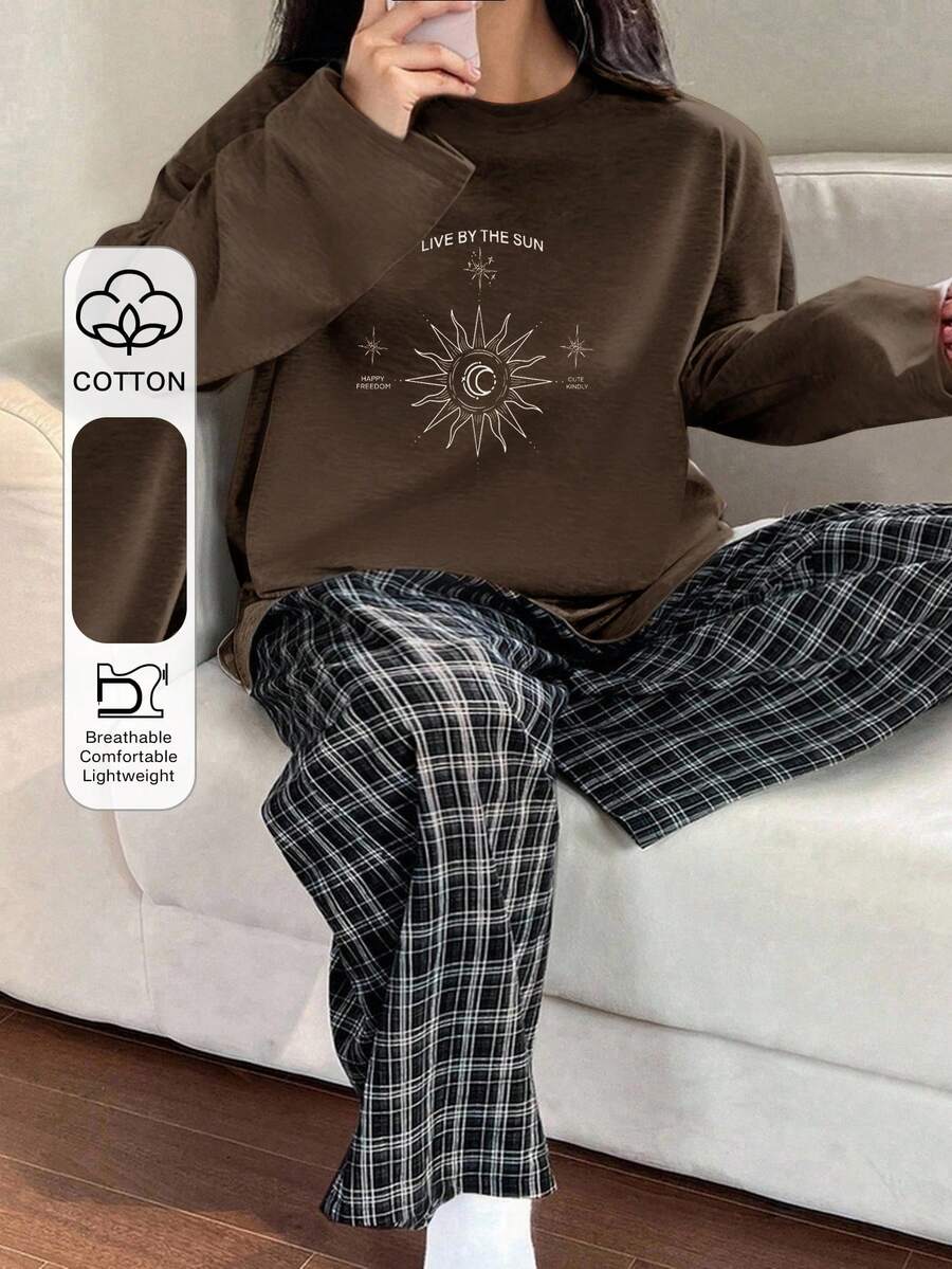Dazy Plus 两件套印花宽松圆领长袖上衣和格子裤睡衣套装 - 棕色 - 查看 1