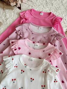 SHEIN Vintaside Kids 女嬰 0-3 歲 8 件組 春秋可愛休閒簡約外出套裝 4 件上衣與 4 件長褲 - 彩色 - 查看 4