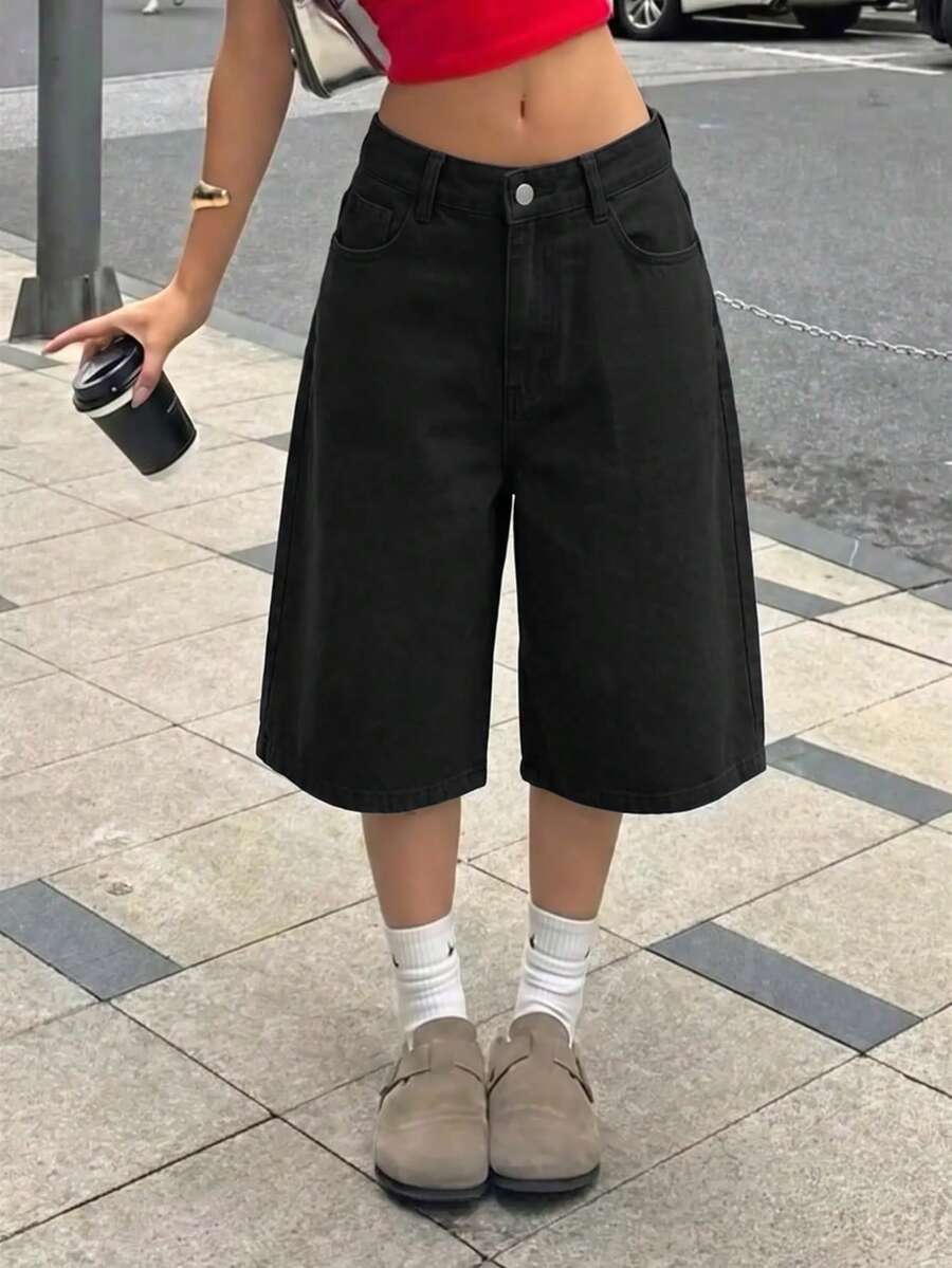 SHEIN 青少年女孩寬鬆休閒牛仔短褲,附口袋,百慕達長度內縫 - 黑色 - 查看 1