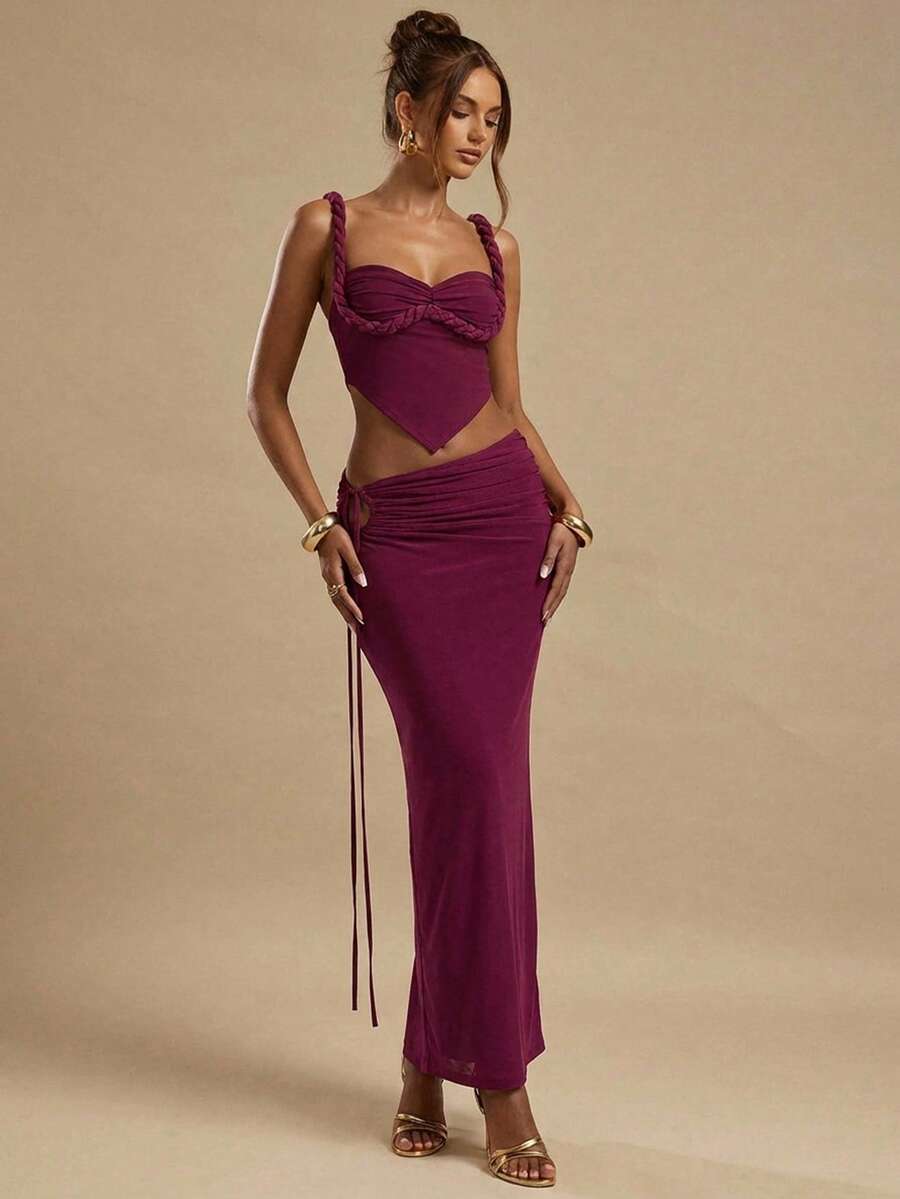 SHEIN BAE Women's Burgundy 2 Pieces Set Summer 70's Semi-Sheer Cable ...