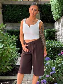 SAYEHFBABY Casual Coffee Brown Woven Fabric Bermuda Shorts For Women Wide Leg Plain Zipper Detail Summer - Coffee Brown - View 5