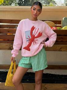 SHEIN EZwear 休閒圓領長袖寬鬆女款衛衣，粉色衛衣，龍蝦印花，度假，夏季，街頭風，適合日常通勤，約會，聚會，秋冬/夏季，派對，婚禮，海灘，畢業典禮，優雅，休閒，外出，Y2K，音樂節，假期，返校 - 粉色 - 查看 4