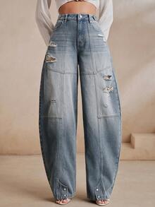 Anewsta Deconstructed Patchwork Distressed Curved Leg Wide Leg Jeans - Blue - View 5
