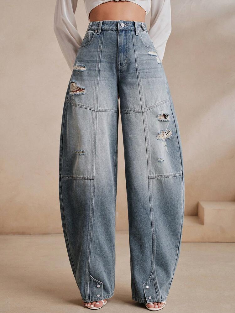 Anewsta Deconstructed Patchwork Distressed Curved Leg Wide Leg Jeans - Blue - View 5
