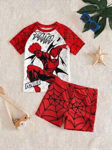Conjunto de ropa de baño informal para niño pequeño con camiseta de manga corta de cuello redondo y pantalones cortos, adecuado para el verano - Multicolor - Ver 2