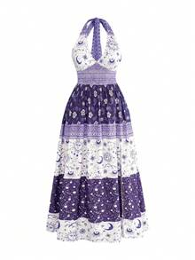 ROMWE Country Punk Witch Hippie Vacation Style Plus Size Vintage Print High Slit Halter Neck Dress For Women - Purple - View 1