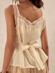 Easelle Vintage Elegant Bohemian V-Neck Lace Patchwork Women's Blouse Vacation White Summer - Multicolor - View 2
