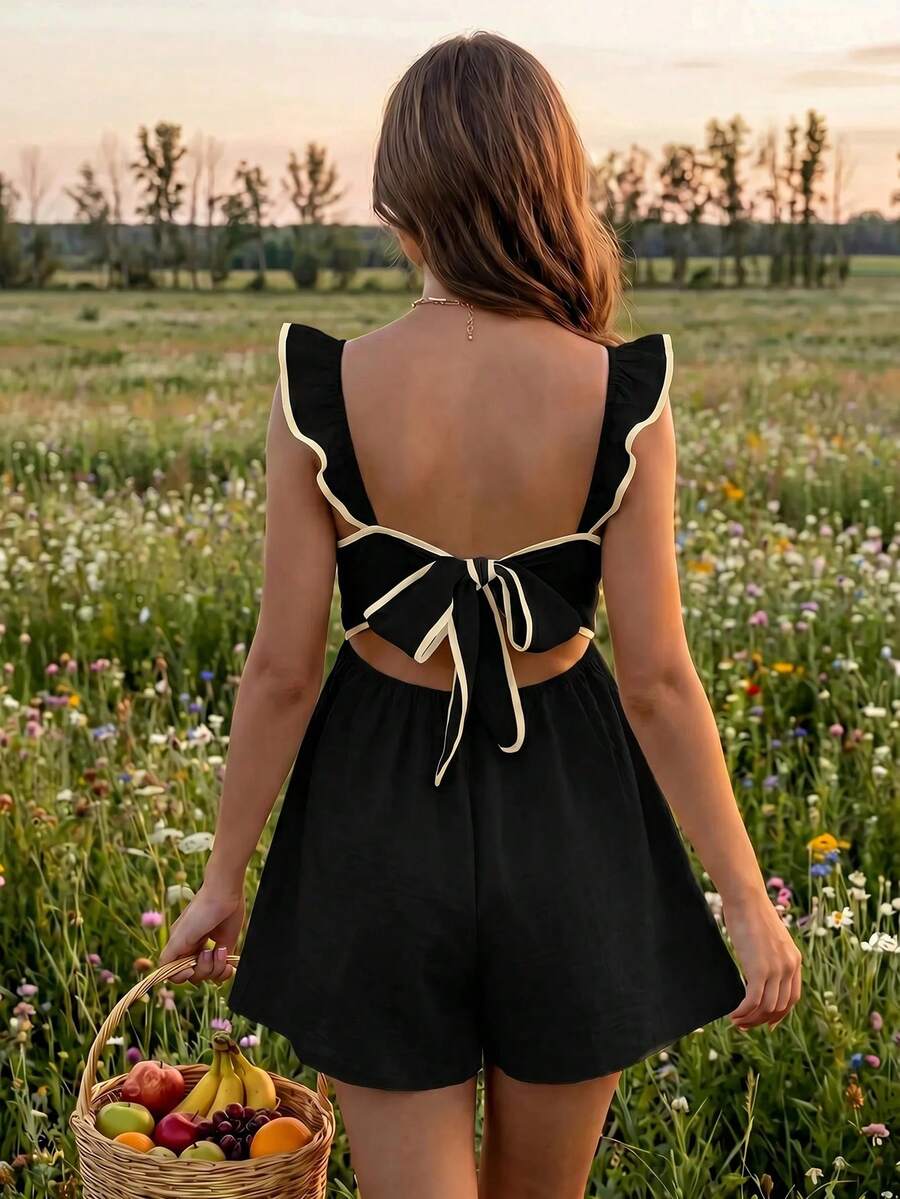 SHEIN 孕婦夏季性感度假風對比滾邊露背打結蕾絲連身褲 - 黑色 - 查看 1