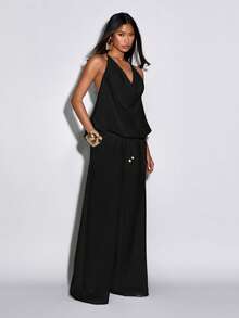 Normani Women's Solid Color Halter Tie Backless Top And Wide Leg Pants Casual Sexy Daily 2-Piece Set Club Night Out Vacation Black Summer - Black - View 4