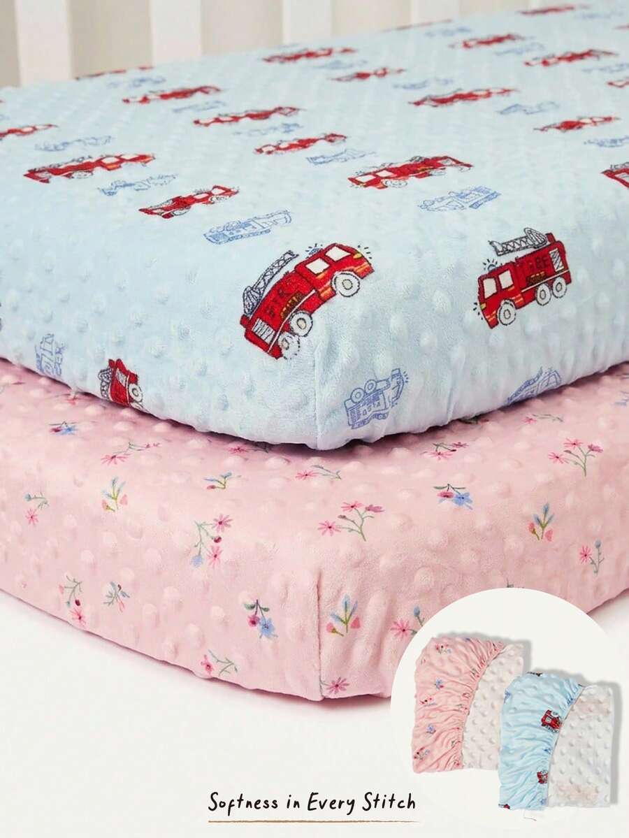 Cozy Pixies 1件裝嬰兒床墊套,卡通小車花卉圖案,豆豆絨布料,舒適柔軟保暖,嬰兒尿布更換墊套 - 彩色 - 查看 1