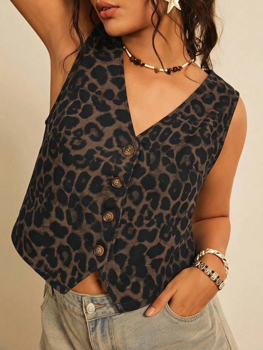 Freevana Plus-Size Leopard Print Brown Vest Jacket, V-Neck Sleeveless Lightweight Jacket, Suitable For Casual Everyday Wear In Spring, Summer And Early Autumn. - Brown - View 1
