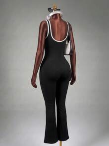 Mistrie Damen Yoga Outdoor Fitness Jumpsuit mit breiten Trägern, eng anliegende ausgestellte Hose mit kontrastfarbigen Streifen, Yoga Jumpsuit Activewear Jumpsuit Sport - Schwarz - Übersicht 3