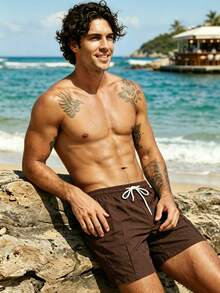 Manfinity KASUA Men's Plus Size Solid Color Drawstring Waist Casual Vacation Beach Shorts - Coffee Brown - View 7