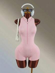 Amplova Solid Color Sleeveless Backless Athletic Romper Shorts - Pink - View 4
