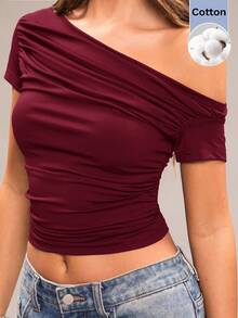 SHEIN BAE 女款純色不對稱肩褶皺T恤，適合日常穿著 - 酒紅色 - 查看 6