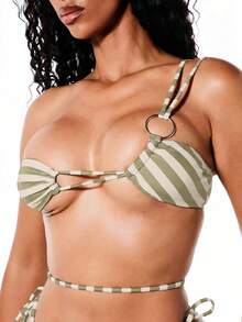 SUMWON WOMEN Set Bikini Asimetris Bergaris Satu Bahu dengan Detail Cincin O dan Bagian Bawah Ikat Samping untuk Pantai Musim Panas - Khaki - View 5