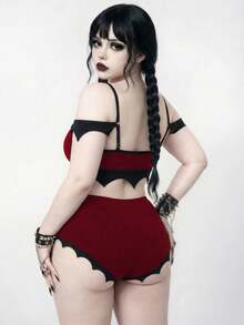 ROMWE Goth 大尺碼女款夏季海灘拼接色性感比基尼三角褲兩件式泳衣套裝 - 彩色 - 查看 2
