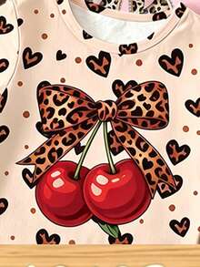 (Patrón Aleatorio, 2 Sets Aleatorios) Conjunto de Camiseta Corta Básica y Pantalones Cortos con Estampado de Leopardo, Lazo Brillante, Patchwork de Corazón, Flor y Cereza para Niñas - Multicolor - Ver 6