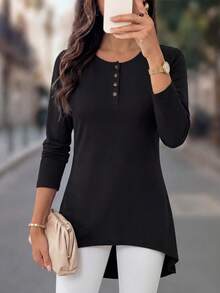 Faunlyn Women Spring/Autumn Casual Solid Asymmetric Hem T-Shirt - Black - View 6