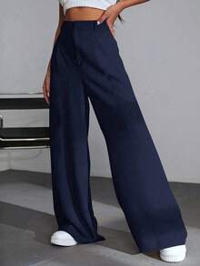 SHEIN EZwear 休閒百搭 100% 純棉海軍藍高腰寬腿褲，適合校園穿著、派對、工作與音樂節穿著，教師節秋季款 - 藍色 - 查看 3