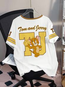 TOM & JERRY X SHEIN 大尺碼女款圓領字母卡通印花休閒日常夏季T恤 - 白色 - 查看 2