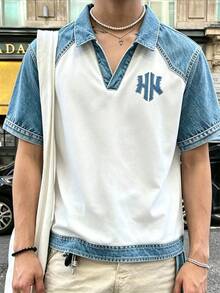 Resyla 男士印花拼接V領 Polo 衫，白藍配色，休閒短袖夏季上衣，適合日常穿著、上班、街頭風與週末休閒 - 彩色 - 查看 4