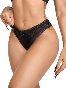 AltBold 1 Stück Damen Spitzen-Patchwork-String - Schwarz - Übersicht 4