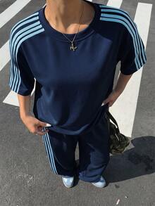 Muchica Navy Blue Plus Size Short Sleeve Top And Pants 2 Pieces Set - Navy Blue - View 5