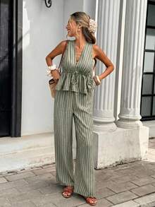 Serisse Casual Minimalist Green Striped Women's 2 Pieces Set Suitable For Summer - Green - View 5