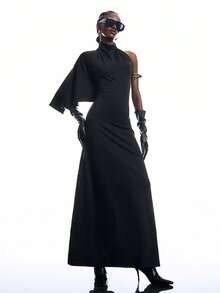 LYSMO 2026 New Arrive Minimalism Summer Fashion Solid Color Stand Collar Asymmetric Long Dress Casual Outfit For Women - Black - View 9