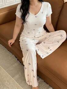 Dazy Plus Bowknot Print All-Over Floral Elegant Slim Fit Top & Pants 2pcs Set Homewear Pajama Set Spring Summer Autumn - Apricot - View 5