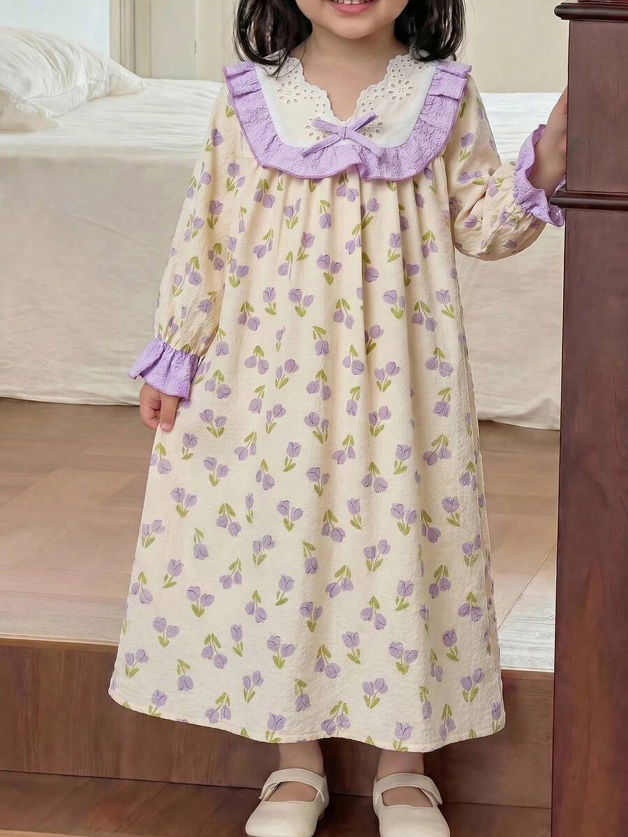 少女款寬鬆休閒蕾絲拼接碎花居家服 - 白色 - 查看 1