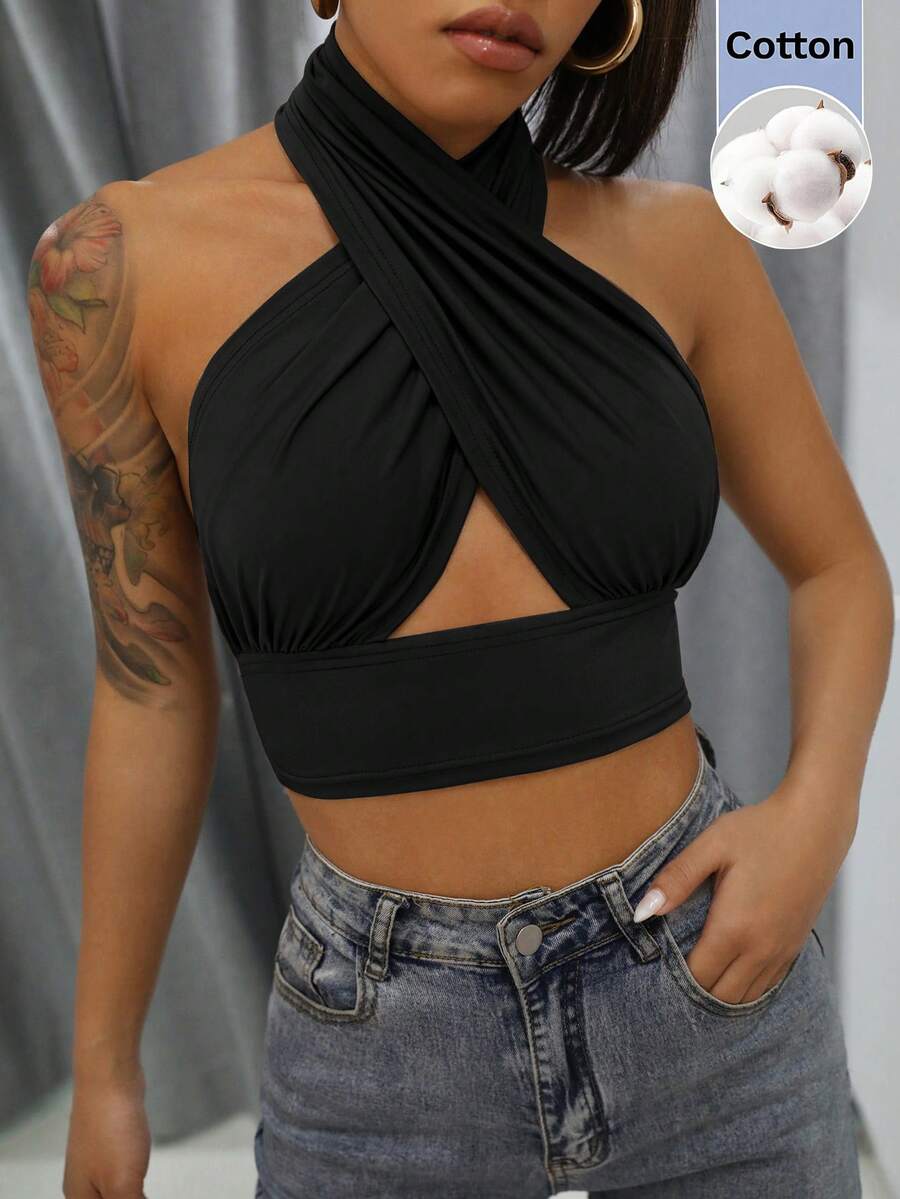SHEIN BAE Top de tirantes de punto negro con cuello halter, fruncido y superpuesto - Negro - Ver 1