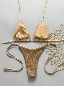 Costavie Swim MOD 女款兩件式性感比基尼泳衣套裝，春夏度假款，亮片紋理面料，掛脖三角比基尼上衣搭配側綁帶比基尼下褲 - 卡其色 - 查看 2