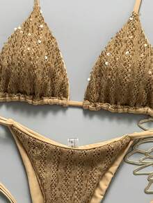 Costavie Swim MOD 女款兩件式性感比基尼泳衣套裝，春夏度假款，亮片紋理面料，掛脖三角比基尼上衣搭配側綁帶比基尼下褲 - 卡其色 - 查看 3