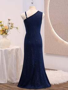 Tween Girls Elegant Back To School Casual Solid Color Asymmetrical Neck One-Shoulder Slim Fit Top - Navy Blue - View 2