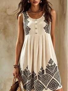 Selamara Women's Summer Round Neck Bohemian Print Dress - Apricot - View 1