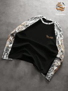 PAVTROS 男士街頭風熱銷迷彩喇叭袖修身3D刺繡日常穿搭百搭男友丈夫禮物週年禮長袖拼接T恤 - 彩色 - 查看 2