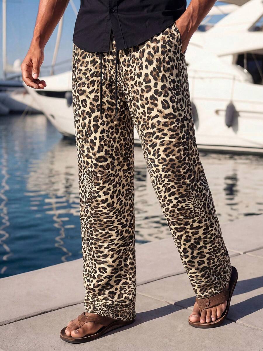HIMLAND Men's Camel Leopard Print Wide-Leg Pants With Elastic Waistband. Relaxed Loose Fit In Lightweight Flowy Woven Fabric. Bold Animal Print Statement Piec - Multicolor - View 1