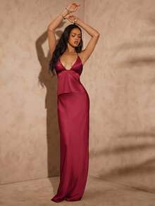 Hauture Women's Summer Sexy Night Out Ibiza Party Wedding Burgundy Satin Low Drape Back Detail Maxi Skirt - Burgundy - View 4