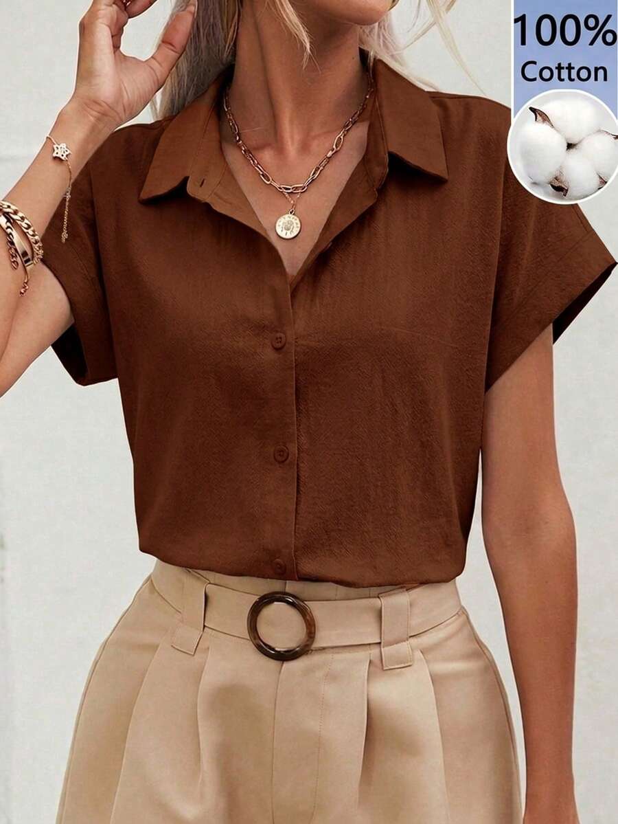 SHEIN Frenchy 棕色纯棉休闲简约短袖衬衫,女士款,适合夏季穿着 - 棕色 - 查看 1