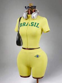 Mistrie Ensemble de sport athleisure pour femmes avec top court à col montant imprimé de lettres et short, vert et jaune, pour l'entraînement et la gym en été - Jaune citron - Voir 4