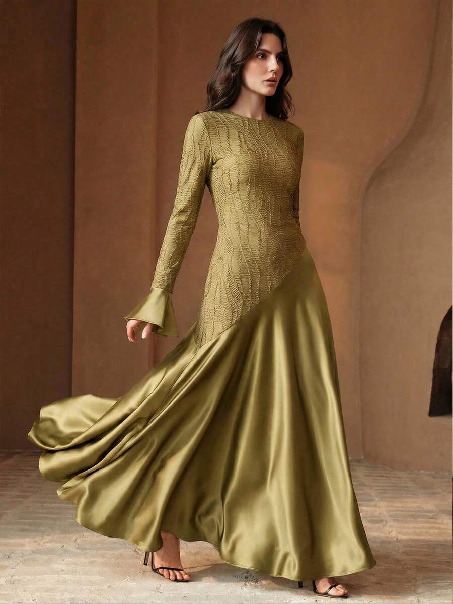 Anewsta Vestido Elegante e Vintage com Gola Redonda, Manga Sino e Bainha Assimétrica para Mulheres, Novo Lançamento Primavera/Verão - Caqui - Visão 1