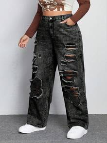 SHEIN ICON Jeans de pierna recta de novio con efecto desgastado para talla grande - Gris Oscuro - Ver 5