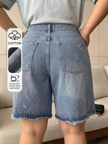 Dazy Plus Celana Pendek Denim Biru Tua dengan Saku Belakang dan Bordir Pita, Potongan Lurus, Panjang Selutut, Cocok untuk Musim Semi dan Musim Panas - Light Wash - View 1
