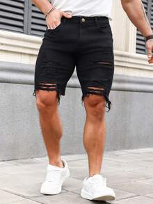 Manfinity Roughcore Pendek Denim Pria Ripped Plain - Hitam - View 1