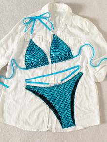 Swim SXY 2 件女式夏季海滩鳞片状铝箔纹理上衣，带吊带领和珍珠装饰比基尼泳装 - 藍色 - 查看 4